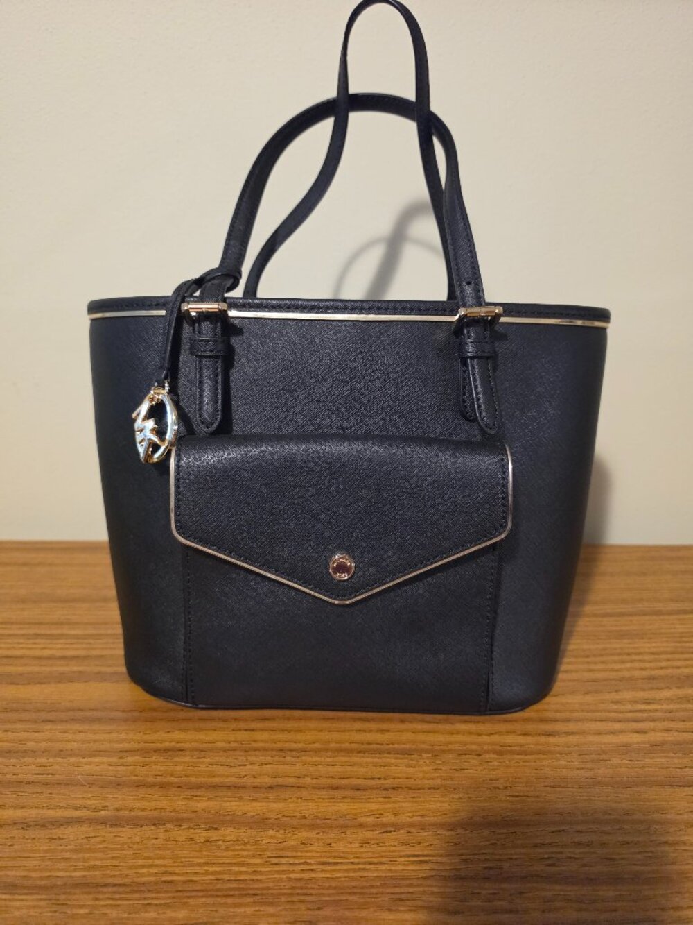 Michael Kors Saffiano Frame MD PKT MF Black Leather Tote Bag Charm